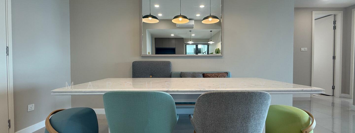 Dining features: marble dining table, upholstered dining chairs in blue and beige, pendant lighting with three bulbs, mirror on wall, light grey painted walls, recessed ceiling lights, floor-to-ceiling windows, neutral tile flooring; style: modern.