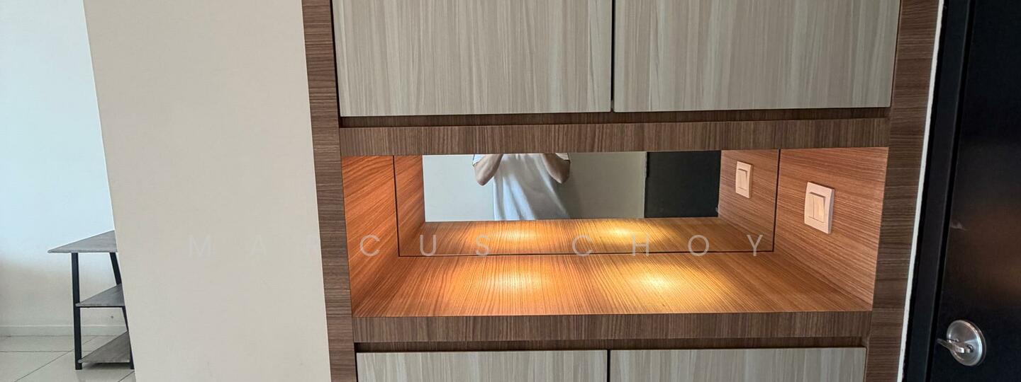 Room features: wooden cabinetry with light wood finish, dark wood accents, built-in shelving, backlit mirror, two electrical outlets, smooth wall surface, tile flooring, neutral wall color; style: modern.