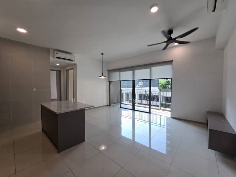 Living features: glossy ceramic tile flooring, white painted walls, recessed downlights, 5-blade ceiling fan, sliding glass door, floor-to-ceiling windows, grey kitchen island with countertop, wall-mounted TV console, air conditioning unit; style: modern; view: garden.