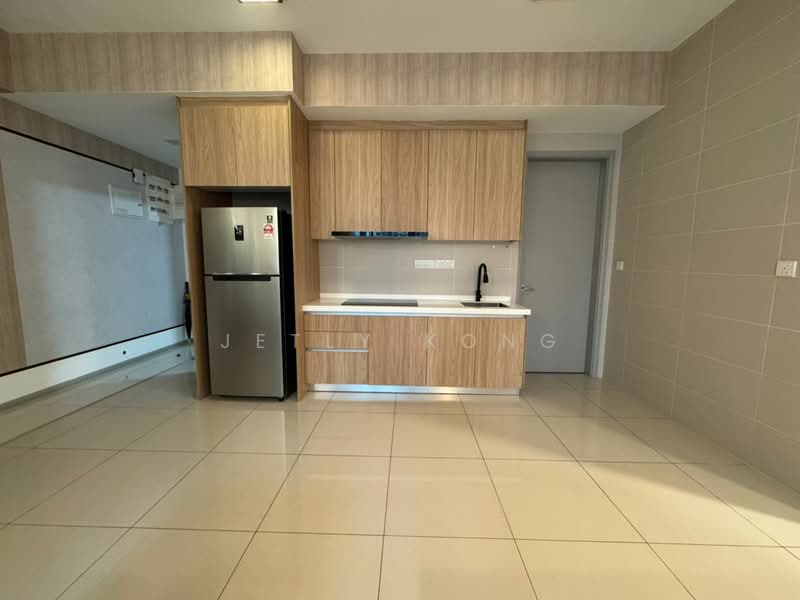 Kitchen features: light wood cabinetry, white countertop, single-bowl stainless-steel sink, chrome pull-down faucet, built-in refrigerator, ceramic tile flooring, recessed downlights, wall-mounted cabinet, open shelving, grey wall, neutral color scheme; style: modern.