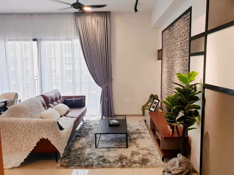 Living features: 3-seater leather sofa in brown, white throw blanket on sofa, coffee table in black, area rug with geometric pattern, wall-mounted TV, TV console in wood, decorative plant in ceramic pot, floor-to-ceiling windows with sheer curtains, grey accent wall with brick pattern, ceiling fan with light; style: modern.