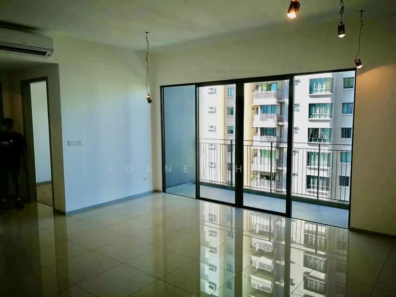Living features: glossy tile flooring, white painted walls, sliding glass door, floor-to-ceiling windows, balcony with railing, recessed downlights, 1 wall-mounted split AC, exposed light fixtures; style: modern; view: city.