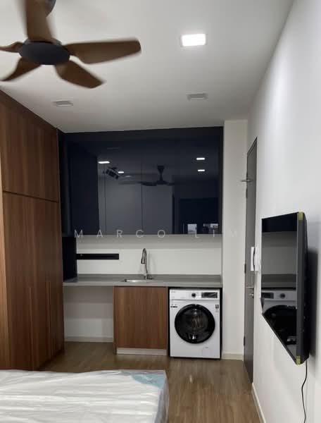 Room features: wooden cabinetry in brown, white countertop, single-bowl stainless-steel sink, chrome pull-down faucet, built-in washing machine, refrigerator, ceiling fan with 5 blades, wall-mounted TV, light fixtures in ceiling, laminate flooring in light brown; style: modern.