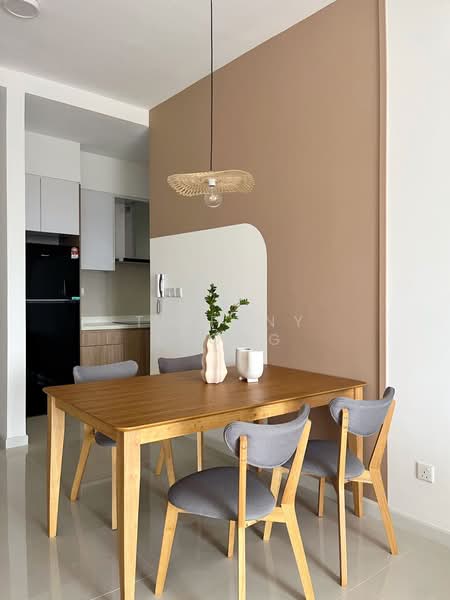 Dining features: wooden dining table, 4 wooden dining chairs with grey upholstery, pendant light fixture, brown accent wall, white wall, glossy tile flooring, open kitchen view, refrigerator visible in background; style: modern.
