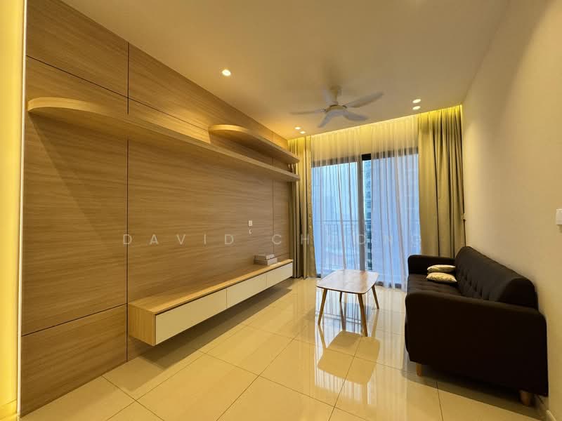 Living features: light-coloured tiled flooring, wooden feature wall with shelves, white wall, sofa in dark brown, coffee table, ceiling fan, floor-to-ceiling windows, curtains, wall-mounted TV console; style: modern.