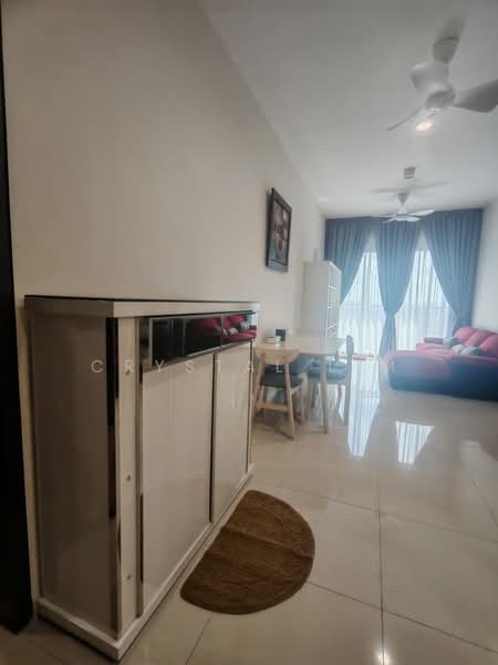 Living features: cream painted walls, glossy tile flooring, 5-blade ceiling fan with light, large windows with sheer curtains, sofa in dark color, decorative cushions in pink, small dining table with chairs, console table with mirrored front, round area rug, wall-mounted artwork; style: modern.