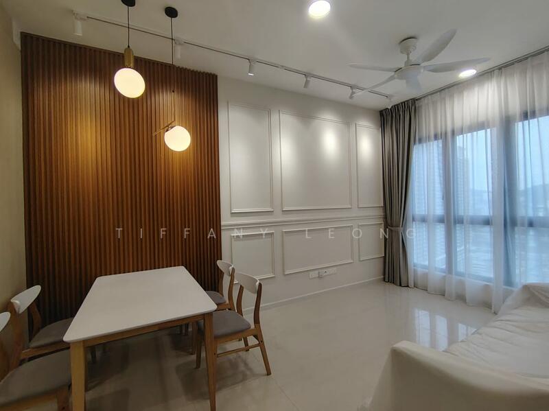 Dining features: white dining table, 4 wooden dining chairs with grey cushions, wood panel accent wall, white painted walls, recessed downlights, 2 pendant lights, large floor-to-ceiling windows, sheer curtains, grey curtain drapes, polished ceramic tile flooring, ceiling fan; style: modern; view: city.