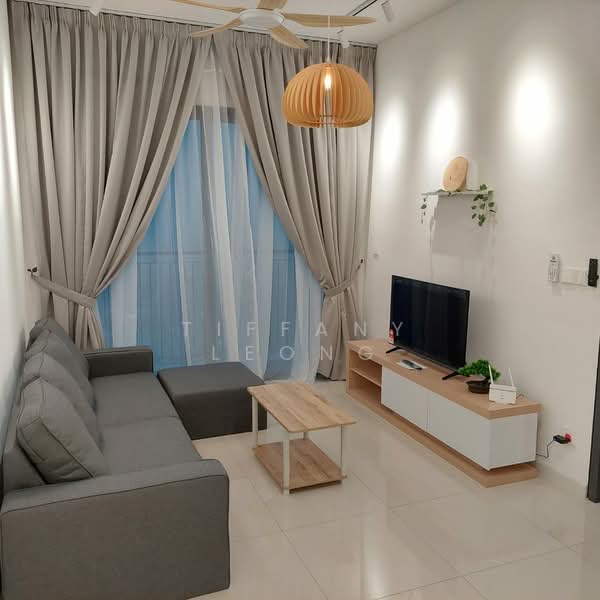 Living features: 3-seater fabric sofa in grey, wood coffee table, wall-mounted TV, TV console with white cabinetry, light wood accents, floor-to-ceiling windows, sheer curtains, ceiling fan with light, decorative wall shelf, indoor plant, neutral painted walls, glossy tile flooring; style: modern.