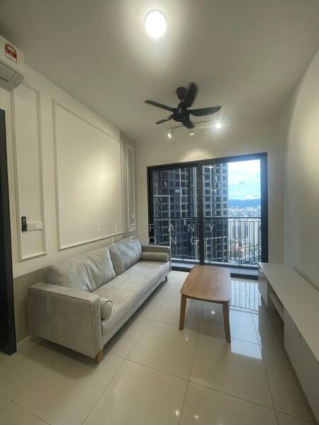 Living features: 3-seater fabric sofa in light grey, wooden coffee table, wall-mounted TV console, floor-to-ceiling windows, city view, white painted walls, polished ceramic tile flooring, ceiling fan with light, recessed downlights; style: modern; view: city.