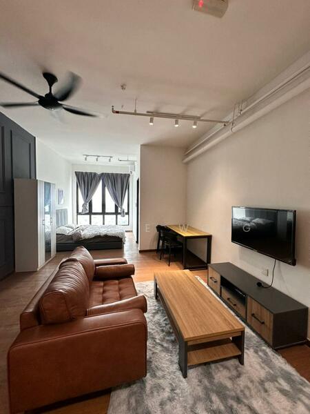 Living features: 3-seater leather sofa in brown, coffee table with wooden top, TV console, wall-mounted TV, area rug with geometric pattern, ceiling fan, recessed LED downlights, large windows with sheer curtains, wooden flooring, decorative wall with dark paneling, study desk with chair; style: modern; view: city.