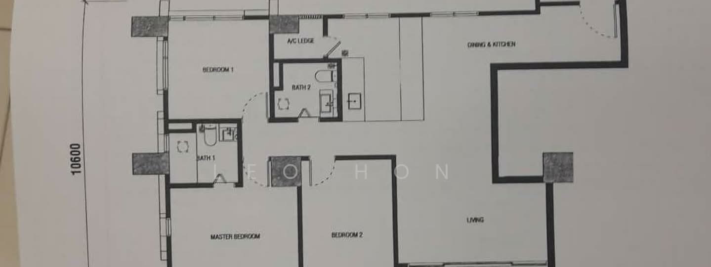 Floor plan: 3-bedroom 2-bathroom unit; features: open-plan kitchen-living, master bedroom with ensuite bathroom, bedroom 2 with shared bathroom, utility room, AC lounge, balcony off living room.