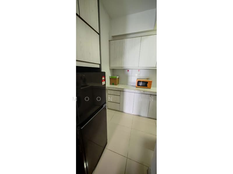 Kitchen features: black fridge, built-in cabinetry with light wood finish, countertop with light color, microwave, wooden kitchen appliance, ceramic tile flooring, wall-mounted cabinets, open shelving, single-bowl stainless-steel sink; style: modern.