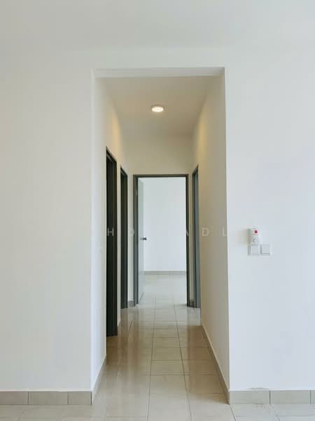 Hallway features: white painted walls, tile flooring, recessed ceiling lights, multiple doorways, neutral color scheme, baseboards, light switch, door frames in dark color; style: modern.