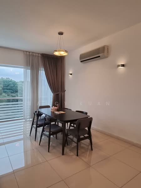 Dining features: rectangular dining table, 4 dining chairs, pendant light fixture, wall-mounted sconces, wall-mounted split AC, floor-to-ceiling windows, sheer curtains, grey accent wall, cream tiled flooring; style: modern; view: garden.