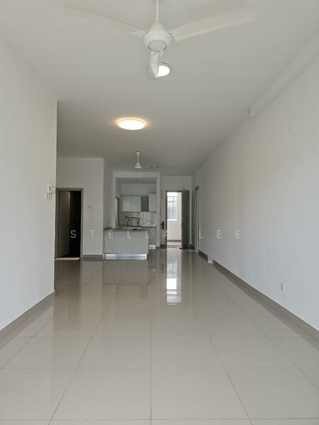 Room features: white painted walls, glossy ceramic tile flooring, ceiling fan, recessed downlights, open layout, large windows, neutral color scheme, kitchen area visible in background; style: modern.