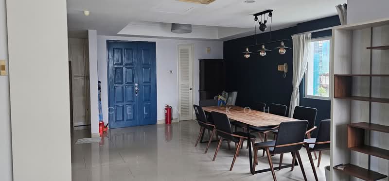 Dining features: wood dining table, 8 upholstered dining chairs, pendant light fixture, dark blue accent wall, white painted walls, large window with sheer curtains, ceramic tile flooring, built-in shelving unit, fire extinguisher visible, doorway leading to hallway; style: modern; view: city. Room features: white painted walls, ceramic tile flooring, doorway leading to entrance, light fixture on ceiling.