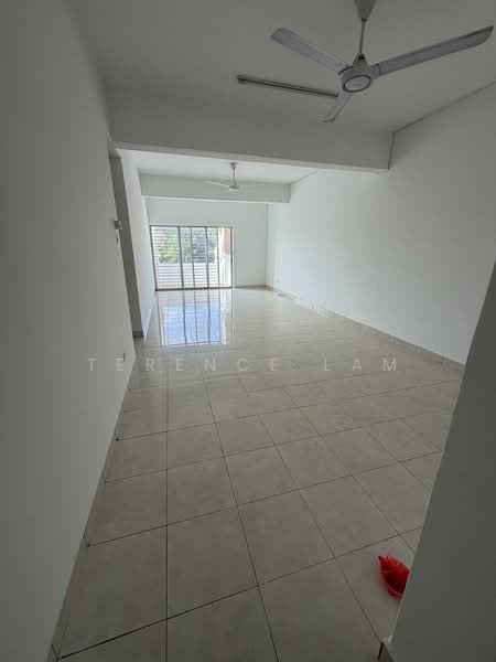 Room features: white painted walls, tile flooring, 2 ceiling fans, large sliding glass door, natural light from windows, open space layout; style: modern; view: garden.