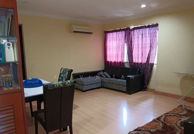 Living features: light brown laminate flooring, cream painted walls, 5-blade ceiling fan, floor-to-ceiling windows with sheer curtains, black leather sofa, 2-seater fabric sofa in grey, coffee table, dining table with 4 chairs, air conditioning unit on wall, decorative area rug; style: modern.
