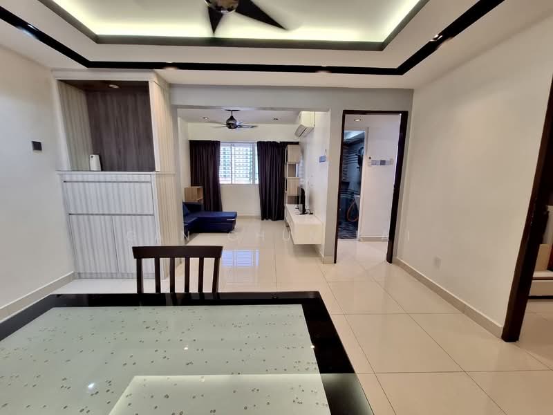 Dining features: dining table with glass top, black and white color scheme, 4 wooden dining chairs, white walls, recessed ceiling lights, polished tile flooring, ceiling fan, decorative wall paneling; style: modern. Living features: sofa in blue fabric, wall-mounted TV, dark curtains, white TV console, air conditioning unit, ceiling fan, light-colored walls, polished tile flooring; style: modern.