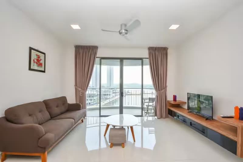 Living features: 3-seater fabric sofa in brown, glass coffee table, wall-mounted TV, TV console with storage, floor-to-ceiling windows, curtains in beige, ceiling fan, white painted walls, glossy tile flooring, balcony access; style: modern; view: city.