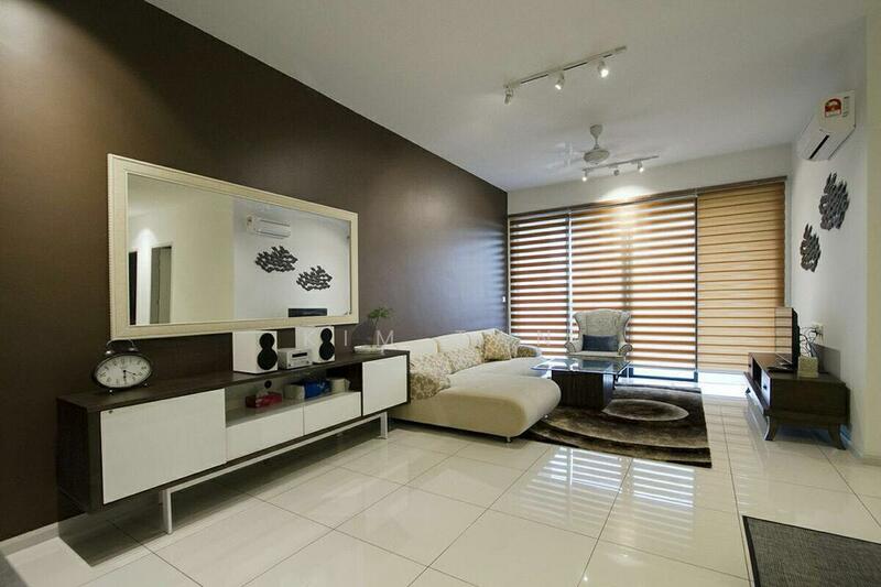 Living features: cream sectional sofa, round coffee table, area rug with geometric pattern, wall-mounted TV, white console table, decorative wall mirror, ceiling fan with light, sliding glass door, wooden blinds, dark accent wall, white tiled flooring, wall art decor; style: modern.