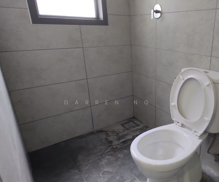 Bathroom features: grey tiled walls, dark grey tiled flooring, one-piece toilet, chrome wall-mounted faucet, window for natural light; style: modern.