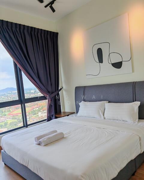 Bedroom features: king-size bed, upholstered headboard, white bedding, two white towels, floor-to-ceiling windows, blackout curtains, decorative wall art, wooden flooring; style: modern; view: city.