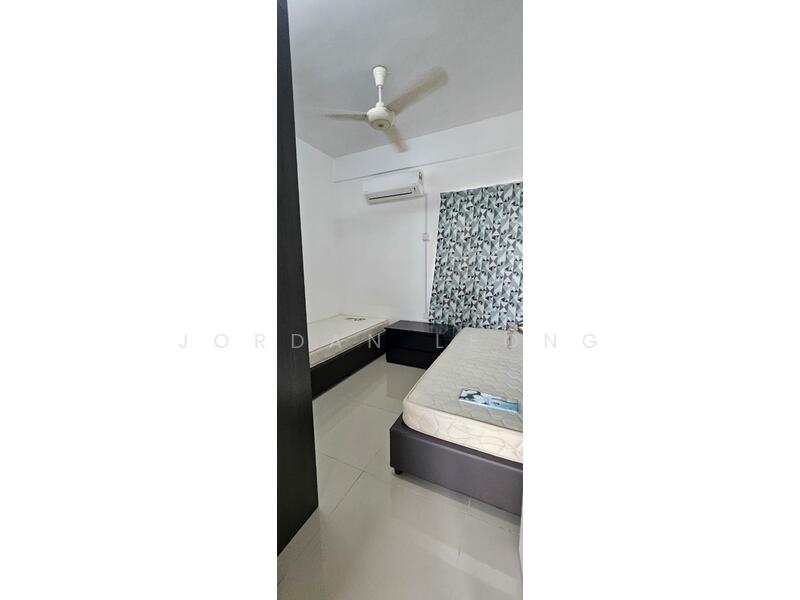Bedroom features: white painted walls, glossy tile flooring, ceiling fan, window with patterned curtains, built-in bed frame, air conditioning unit, empty mattress base, light-colored bedding.