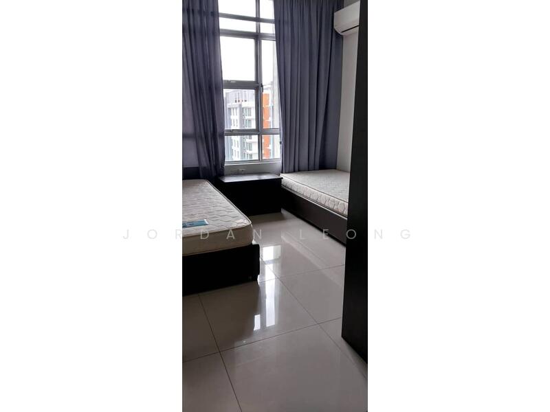 Bedroom features: two single beds, floor-to-ceiling windows, grey curtains, white walls, glossy tile flooring, air conditioning unit, built-in wardrobe, bedside table; style: modern.