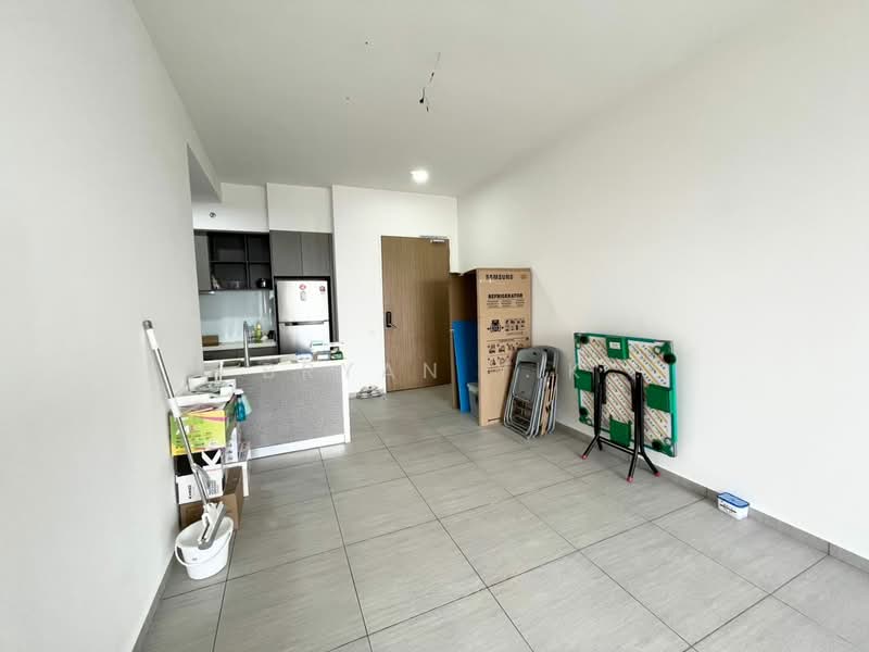 Room features: white painted walls, grey tiled flooring, kitchenette with cabinets, stainless-steel fridge, built-in oven, countertop with sink, folding chairs, cardboard boxes, open layout, ceiling light fixture; style: modern.