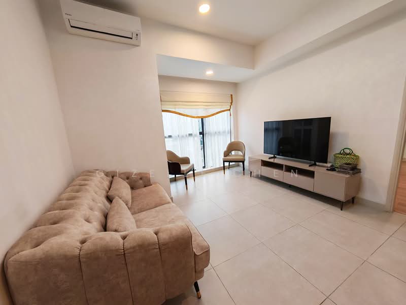 Living features: beige tufted fabric sofa, floor-mounted TV console, wall-mounted TV, large window with sheer curtains, recessed ceiling lights, air conditioning unit, light-colored tiled flooring, decorative wall with minimal design; style: modern.