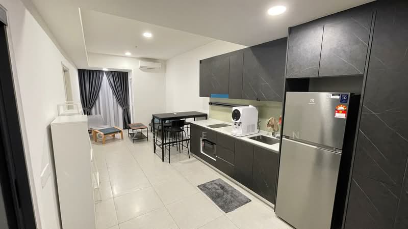 Kitchen features: black cabinetry, white countertop, stainless-steel fridge, built-in oven, 4-burner gas hob, single-bowl stainless-steel sink, chrome pull-down faucet, tile backsplash, recessed downlights, grey floor tiles, bar stools, kitchen island, window with sheer curtains; style: modern. Dining features: black dining table, metal dining chairs; style: modern.