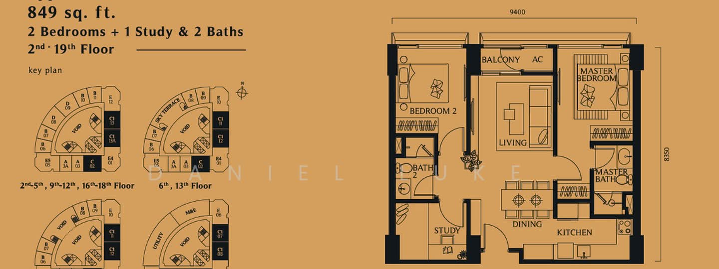 Floor plan: 2-bedroom 2-bathroom unit; features: open-plan kitchen-dining-living, master bedroom with ensuite bathroom, study or 3rd bedroom, balcony off living room, utility room, central foyer.