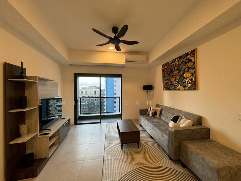 Living features: 3-seater fabric sofa in grey, wooden coffee table, TV console, wall-mounted TV, area rug with circular pattern, 5-blade ceiling fan with light, floor-to-ceiling windows, sliding glass door, decorative artwork on wall, lampshade floor lamp, neutral painted walls, tile flooring; style: modern; view: city.
