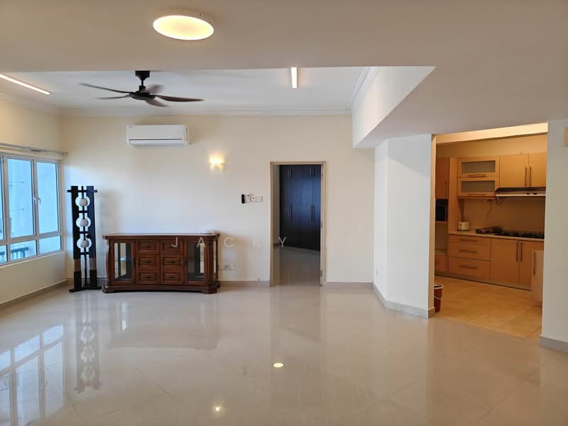 Living features: marble tile flooring, white painted walls, 5-blade ceiling fan with light, wall-mounted split AC, large windows with city view, wooden sideboard, recessed lighting, neutral color scheme; style: modern; view: city. Kitchen features: laminate cabinetry, stainless-steel sink, built-in oven, gas hob, exhaust hood, countertop with backsplash, open layout to living area; style: modern.