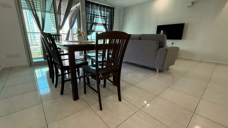 Living features: grey fabric sofa, 4-seater dining table, wooden dining chairs, floor-to-ceiling windows, white walls, tile flooring, curtains, wall-mounted TV; style: modern; view: city.