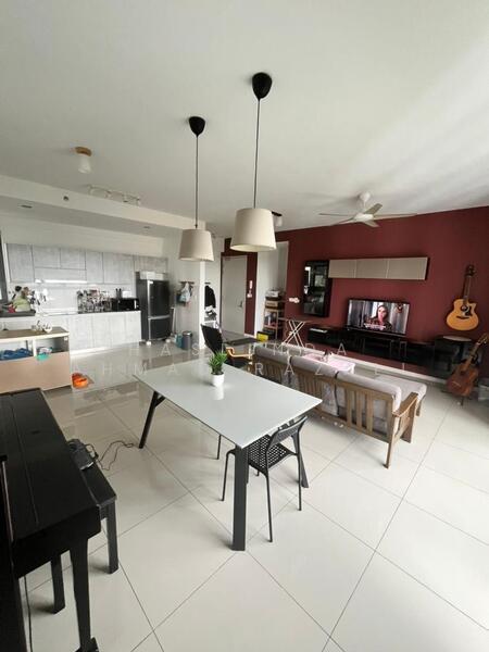 Living features: white walls, grey accent wall, tile flooring, 5-blade ceiling fan with light, 2 pendant lamps, sofa in beige, coffee table, TV console, wall-mounted TV, guitar on stand, dining table with white surface, black dining chairs, potted plant, open kitchen area with bar counter, stainless-steel fridge; style: modern.