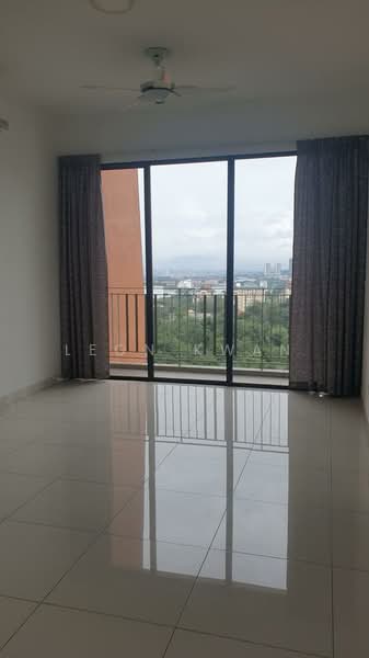 Living features: large floor-to-ceiling windows, sliding glass door, grey curtains, white painted walls, polished ceramic tile flooring, 5-blade ceiling fan with light, balcony view, city skyline view; style: modern; view: city.