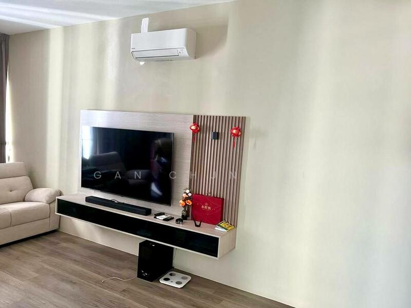 Living features: light beige fabric sofa, wall-mounted TV, TV console with storage, decorative wall paneling, air conditioning unit, wooden flooring, decorative items on console, red wall lights; style: modern.
