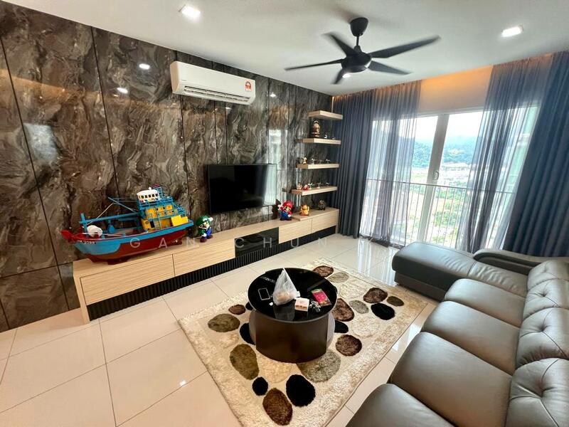 Living features: grey leather sectional sofa, round black coffee table, area rug with animal print, wall-mounted TV, floating shelves, decorative figurines, 5-blade ceiling fan, floor-to-ceiling windows with sheer curtains, marble accent wall, glossy tile flooring, air conditioning unit; style: modern; view: city.