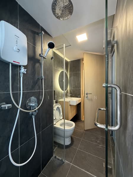 Bathroom features: walk-in shower with glass enclosure, rain shower head, handheld shower, chrome basin mixer, single-sink vanity with wood cabinet, framed mirror, one-piece toilet, grey tile walls, dark grey tile flooring, recessed LED downlights, wall-mounted water heater; style: modern.