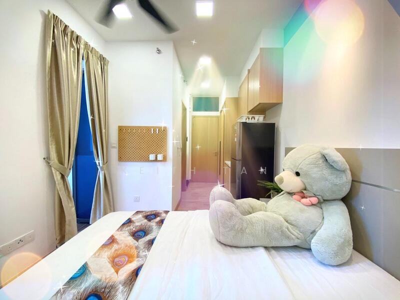 Bedroom features: queen-size bed with white bedding, large teddy bear, wooden headboard, cream curtains, wall-mounted shelving, built-in wardrobe, recessed ceiling lights, ceiling fan, light wood cabinetry, light-colored walls, wooden flooring; style: modern.