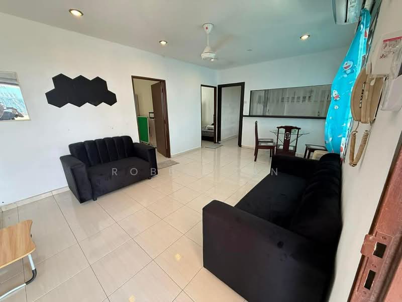 Living features: black fabric 3-seater sofa, black fabric 2-seater sofa, wooden coffee table, white painted walls, glossy ceramic tile flooring, ceiling fan, air conditioning unit, window with sheer curtains, dining table with chairs, decorative wall art; style: modern.