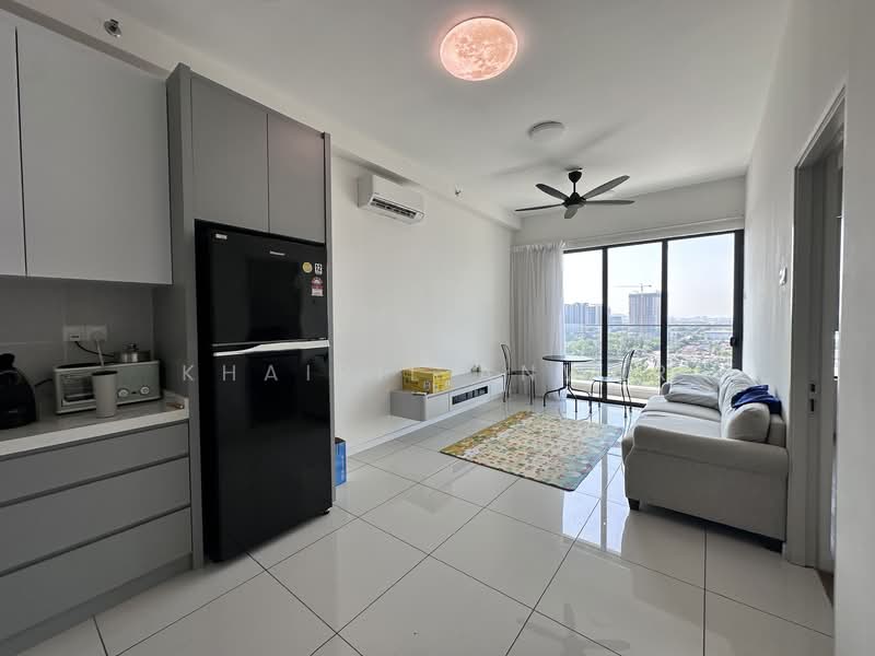 Living features: white painted walls, glossy ceramic tile flooring, 5-blade ceiling fan with light, recessed downlights, floor-to-ceiling windows, sliding glass door, grey fabric sofa, coffee table, area rug with geometric pattern, TV console, wall-mounted TV, air conditioning unit, decorative wall art; style: modern; view: city. Kitchen features: white cabinetry, stainless-steel fridge, built-in oven, ceramic cooktop, kitchen sink, countertop with breakfast bar, microwave, coffee machine; style: modern.