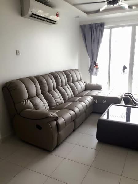 Living features: 3-seater leather sofa in beige, coffee table, floor-to-ceiling windows, white painted walls, tile flooring, ceiling fan, wall-mounted split AC, curtains, decorative items on window sill; style: modern.