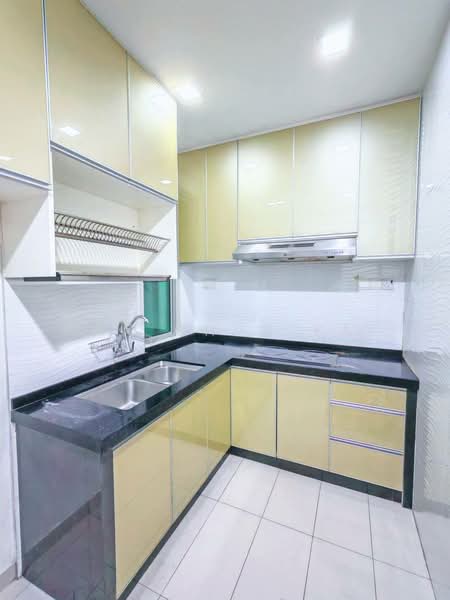 Kitchen features: yellow cabinetry, black granite countertop, double-bowl stainless-steel sink, chrome pull-down faucet, built-in range hood, wall-mounted shelves, white tiled backsplash, ceramic tile flooring, recessed LED downlights; style: modern.