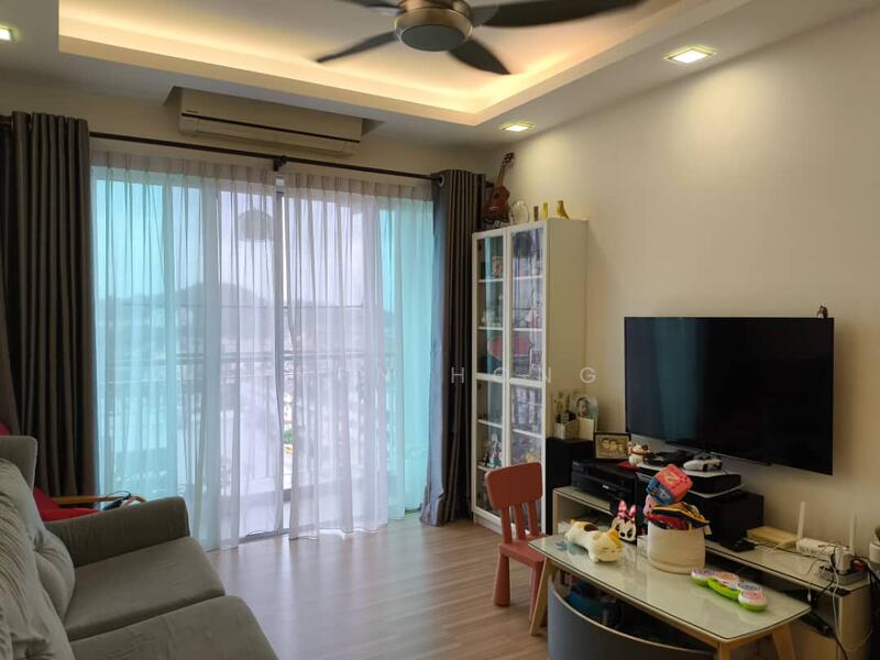 Living features: 3-seater fabric sofa in grey, wooden coffee table, wall-mounted TV, TV console, floor-to-ceiling windows, sheer curtains, recessed downlights, wooden flooring, ceiling fan with light, decorative items on shelves, area rug, balcony view; style: modern; view: mountain.