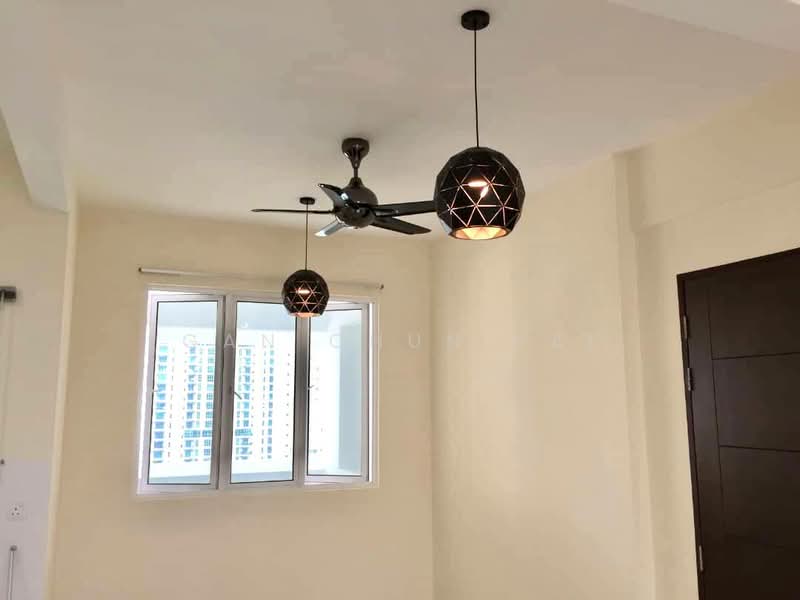 Room features: white painted walls, ceiling fan with 3 blades, 2 pendant lamps with geometric design, window with white frame, city view through window, light-colored flooring; style: modern; view: city.