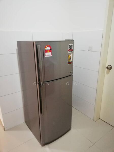 Room features: stainless-steel fridge.