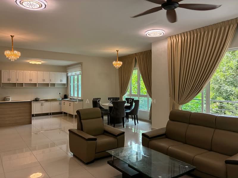 Living features: 3-seater leather sofa in beige, 2-seater leather sofa in beige, glass coffee table, 5-blade ceiling fan with light, chandelier, floor-to-ceiling windows, sheer curtains, white painted walls, glossy tile flooring, decorative wall lights; style: modern; view: garden. Kitchen features: white shaker cabinets, stainless-steel sink, built-in oven, freestanding range oven, microwave, ceramic tile backsplash, granite countertop, open shelving, recessed downlights, glossy tile flooring; style: modern.